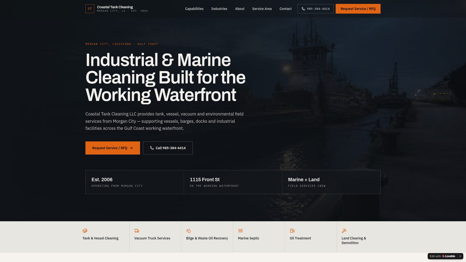 Homepage of the Coastal Tank Cleaning redesign concept, showing capabilities and a request-a-quote path.